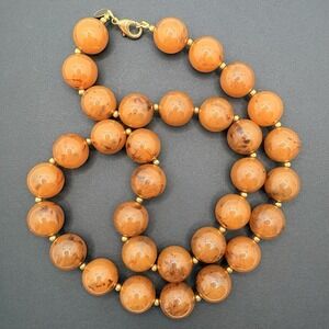 Vintage Joan Rivers Orange Marbled Acrylic Lucite Necklace Beaded Gold Tone 24"